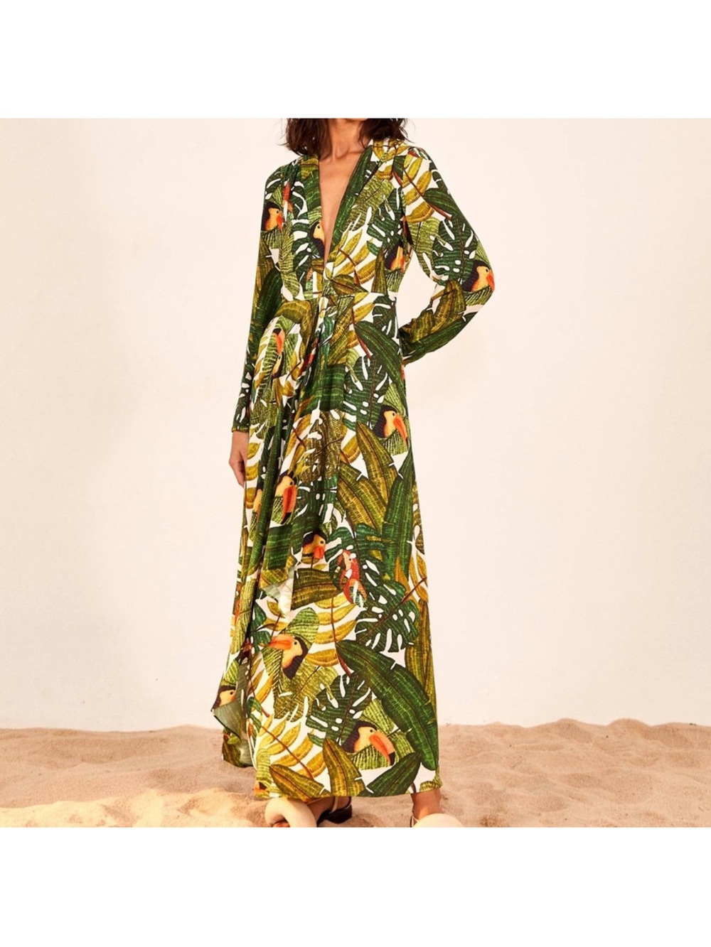 Tropical Green Leaf Print Maxi Dress
